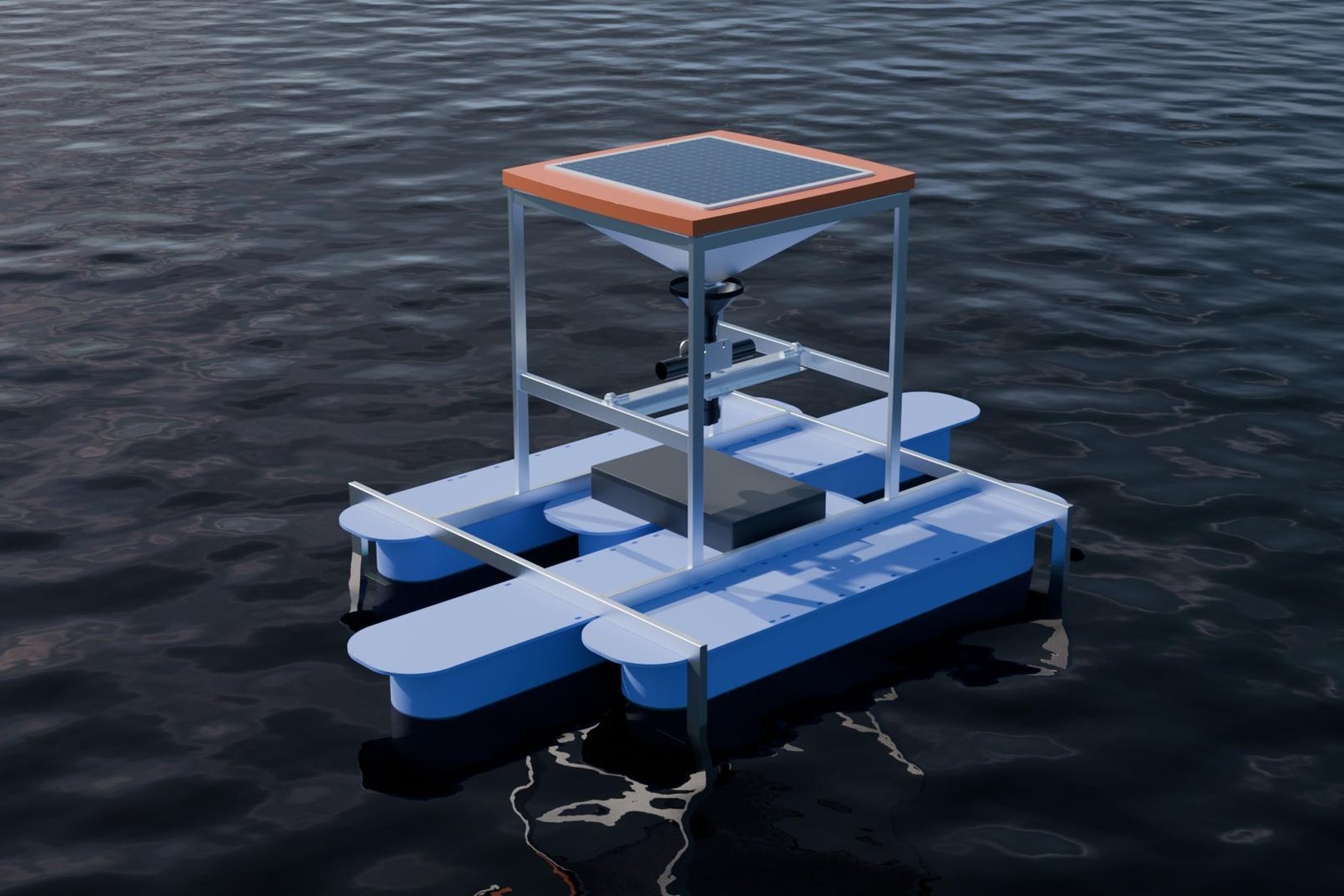 Small-farm Aqua-Feedbot variant with roof solar panel, design rendering