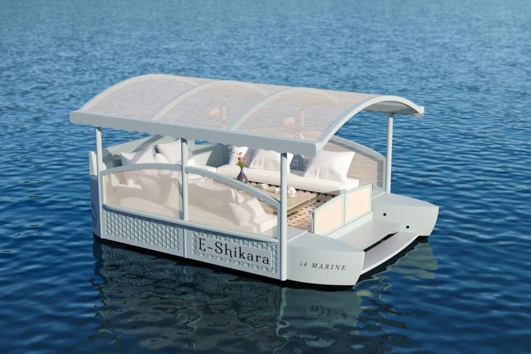 e-Shikara-8 canopy and seating layout seen from the bow, design rendering